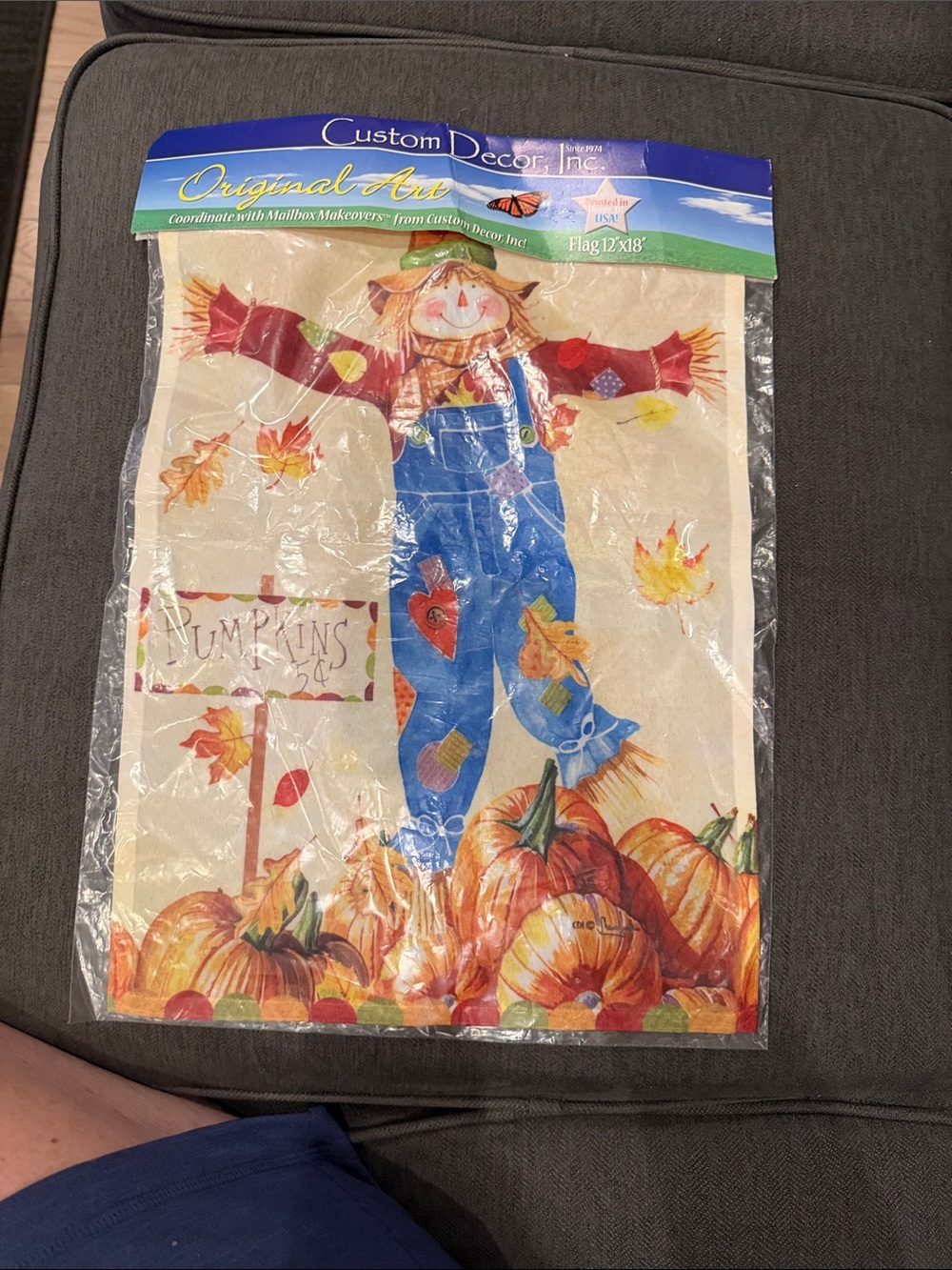 Fall Scarecrow Garden Flag - Blue Overalls